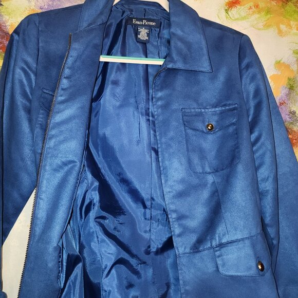 Evan Picone Blue Suede-like Zip Blazer With Gold Buttons and Pockets - Picture 7 of 13